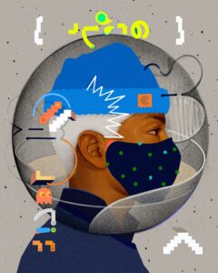 A man with a mask on is wearing a blue hat.
